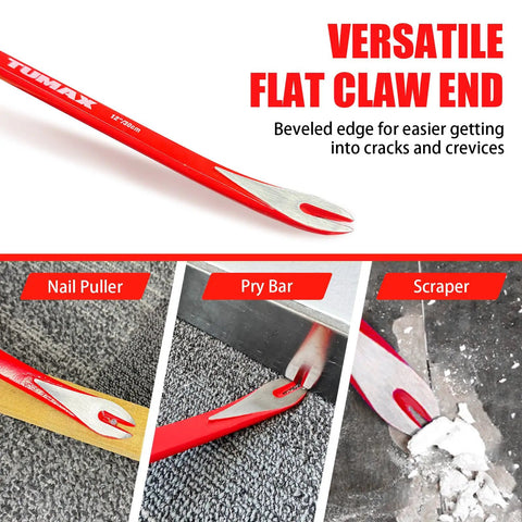 Two Piece Nail Puller Set With 12 Inch Pry Bar And 8 Inch Mini Crowbar Cat Paw Nail Remover showing flat claw end in use.