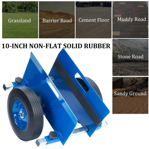 Heavy Duty Panel Dolly For Doors And Drywall, 1100 Pound Capacity displayed on 10-inch solid wheels on various terrains
