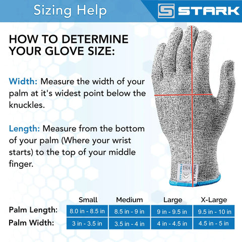 Ultra Safe Cut Resistant Gloves Level 5 Protection For Kitchen Prep sizing guide with measurement instructions and size chart.