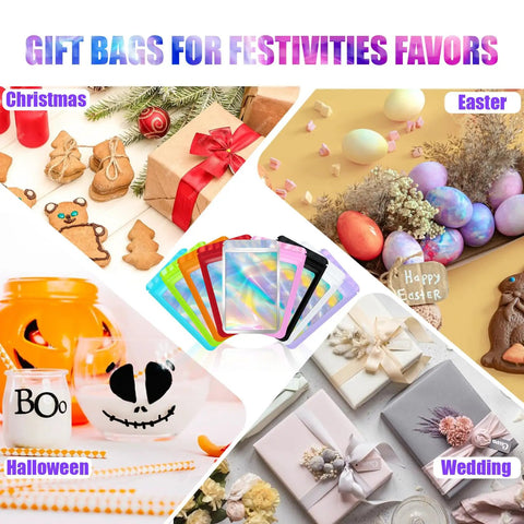 100 Pack Holographic Mylar Resealable Bags 3x3 Inch With Clear Window For Candy Snacks Small Biz Storage, festive gift ideas.