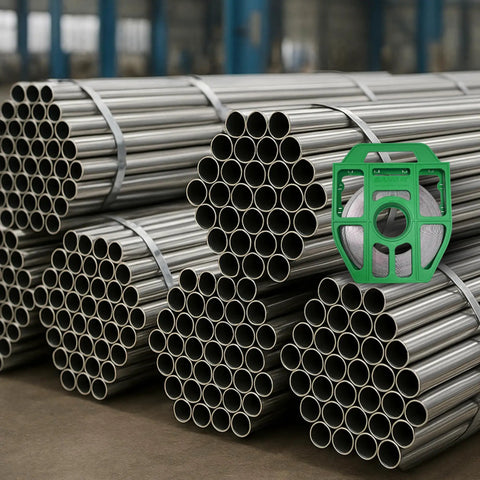 Five-Eighth Inch Wide Stainless Steel Band With Easy Scale Imprint, 0.030 Inch Thick, 201 Stainless in green tote next to pipes
