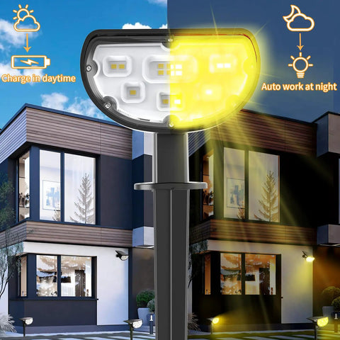 Outdoor Solar Spotlights 650 Lumen IP67 Waterproof Warm White 3000K with Auto On Off illuminating a modern house at night