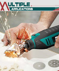 NEU MASTER 180W rotary tool teal and black with cutting disc for metal grinding, side view