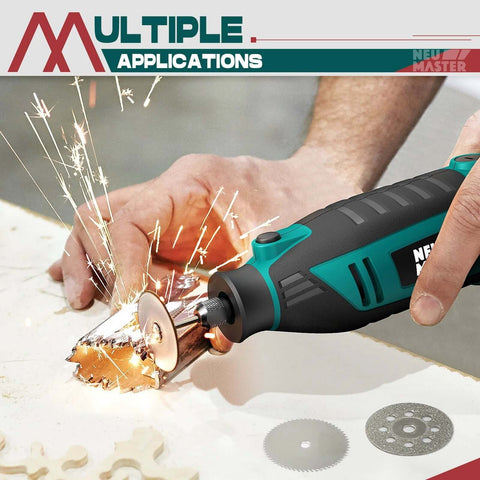 NEU MASTER 180W rotary tool teal and black with cutting disc for metal grinding, side view