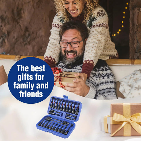 27 Piece Magnetic Nut Driver Kit With Quick Release Extensions, SAE And Metric Cr V Steel Drivers displayed in a blue case