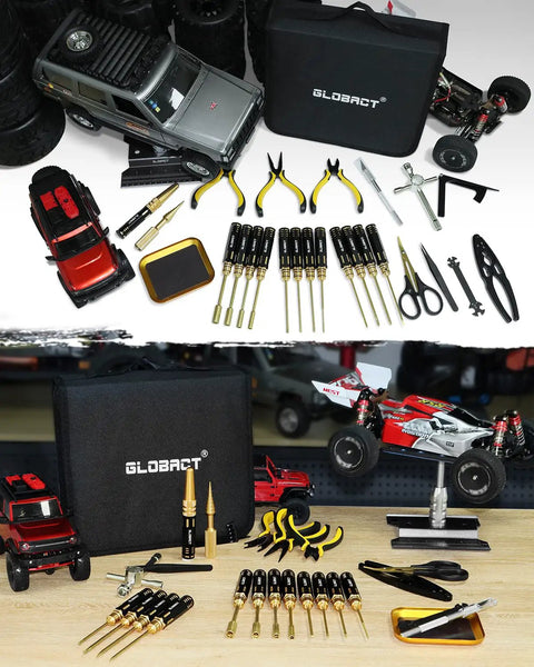 RC Tool Kit With Stand And 26 Piece Repair Set For One Eighth To One Eighteen Scale Cars And Trucks on table with vehicles and tools