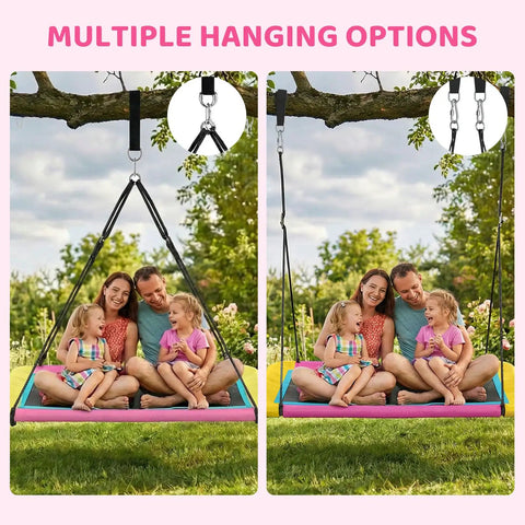 Family sitting on 60 Inch Rectangle Platform Tree Swing For Kids And Adults, Giant Flying Swing With Adjustable Hanging Straps.