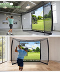 10x8ft Golf Practice Net With Impact Screen And Mat setup in a room for indoor simulator training with a heavy-duty steel frame