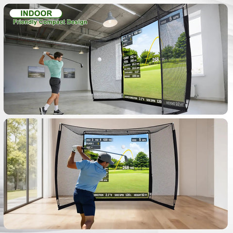 10x8ft Golf Practice Net With Impact Screen And Mat setup in a room for indoor simulator training with a heavy-duty steel frame