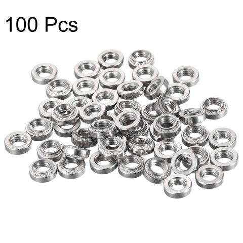 100 Count 10-32 X 0.14 Stainless Steel Self Clinching Rivet Nuts Round Head design displayed in a scattered arrangement.