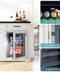 Farmhouse 60 Inch Coffee Bar Cabinet With Built In Bev Fridge And Drawer Storage, showing open fridge, controls, and shelving.