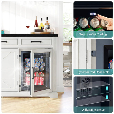Farmhouse 60 Inch Coffee Bar Cabinet With Built In Bev Fridge And Drawer Storage, showing open fridge, controls, and shelving.