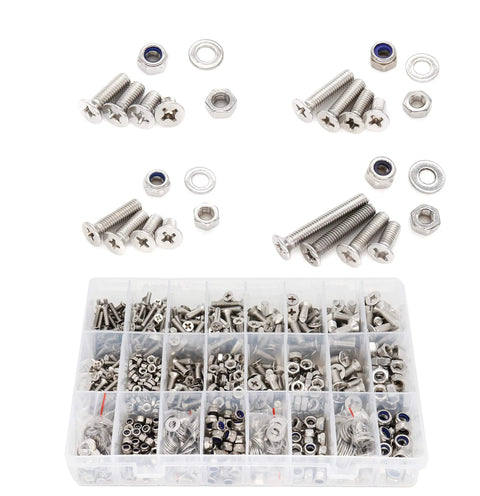 Get the Whole Shebang with Massive 304 Stainless Steel Machine Screw Assortment Kit featuring countersunk Phillips fasteners and hex nuts.
