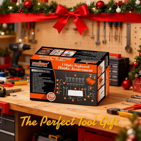150 Piece Pegboard Hooks Set With Bins displayed on workbench in garage, ideal for workshop organization, chrome finish box.