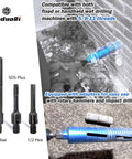 Front view of DaduoRi 2in dry core drill bit set with SDS Plus/Max and 1/2in hex adapters; blue core bit and three adapters.