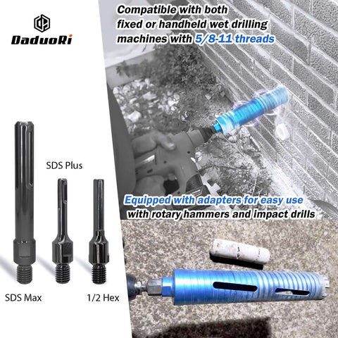 Front view of DaduoRi 2in dry core drill bit set with SDS Plus/Max and 1/2in hex adapters; blue core bit and three adapters.