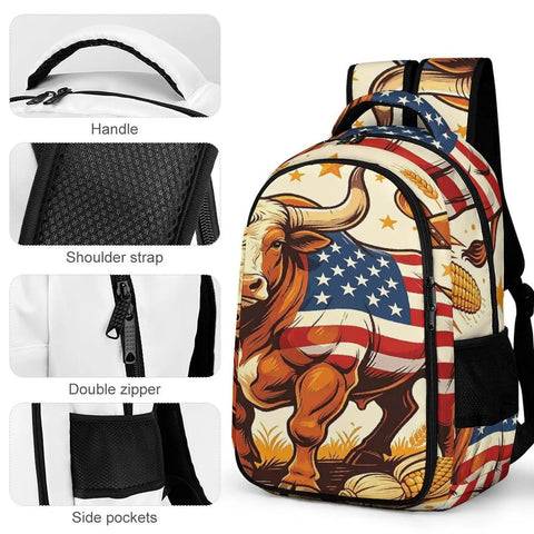 Farmland Patriotic Bull Print Unisex Backpack Large Capacity Durable Polyester Daypack With Breathable Fabric Easy Clean Material