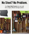 Before and after installation of Steel Wall Panels for garage tool storage and organization.