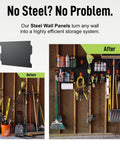 Steel wall panels organize shed tools and supplies effectively, showing before and after installation, enhancing storage space.