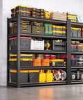 Heavy Duty Garage Shelving Rack Built Like A Tank With Thick Steel Uprights And Durable Boards Adjustable Storage Organizer For Basement Warehouse Kitchen Pantry Black 4600 Lbs Total Capacity loaded with colorful bins and tools.