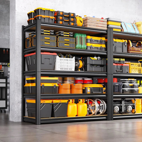Heavy Duty Garage Shelving Rack Built Like A Tank With Thick Steel Uprights And Durable Boards Adjustable Storage Organizer For Basement Warehouse Kitchen Pantry Black 4600 Lbs Total Capacity loaded with colorful bins and tools.