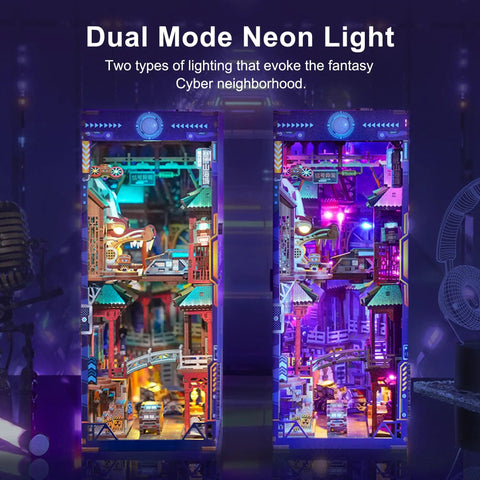 Cyber City Book Nook Kit For Adults Wooden 3D Puzzle Bookend And Shelf Insert Decor with dual mode neon light display