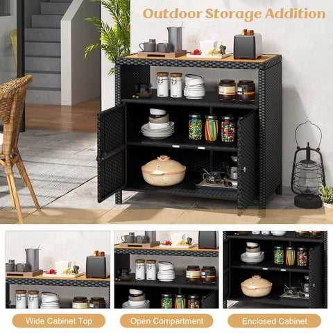 Outdoor Rattan Storage Cabinet With Acacia Wood Countertop Weatherproof Two Door Wicker Sideboard Open Shelf For Quick Access Outdoor Bar Station For Patio Garden Or Poolside Use Black