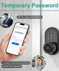 Keyless Entry Smart Door Lock With Fingerprint, Keypad And App Control For Front Door, Easy Installation, shown with phone app