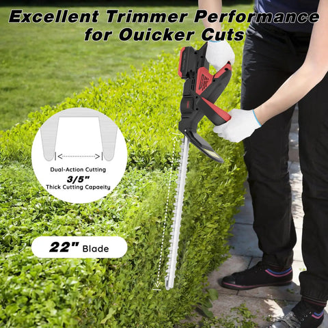 Cordless Hedge Trimmer With Twenty Two Inch Dual Action Blade For Quick Hedge Shaping Three Fifths Inch Cutting Capacity