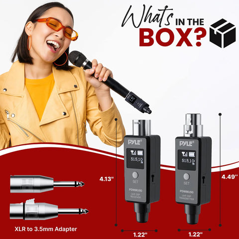 UHF Wireless XLR Adapter System With Transmitter And Receiver For Dynamic Microphones And Music Sources, woman singing, adapters shown