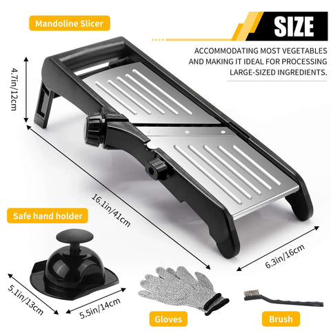 Adjustable Stainless Steel Mandoline Slicer For Kitchen Vegetables With 7 In 1 Blades And Easy Glide Settings Includes Gloves Pusher And Cleaning Brush Non Slip Base For Stable Slicing Onion Potatoes Chips French Fries