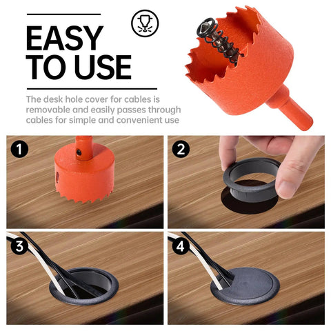 Easy installation of 12 Pack Black Desk Grommets 2 Inch With Hole Saw For Cable Management showing step-by-step use