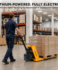 Heavy Duty Electric Pallet Jack 3300 Lbs Capacity 45X27 Forks Lithium Battery Powered Stand Up Walkie moving pallets in a warehouse.