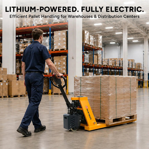 Heavy Duty Electric Pallet Jack 3300 Lbs Capacity 45X27 Forks Lithium Battery Powered Stand Up Walkie moving pallets in a warehouse.