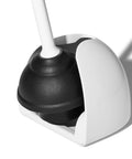 Hassle Free Toilet Plunger With Drip Proof Cover For Zero Mess And Easy Under Sink Storage Features A Wide Flat Handle in holder.