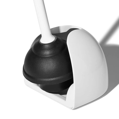 Hassle Free Toilet Plunger With Drip Proof Cover For Zero Mess And Easy Under Sink Storage Features A Wide Flat Handle in holder.