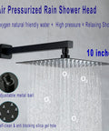 Dope Matte Black Wall Mounted Shower Faucet Set with 10 Inch Rain Shower Head illustrating high pressure water flow.