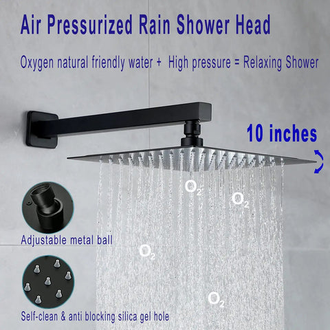 Dope Matte Black Wall Mounted Shower Faucet Set with 10 Inch Rain Shower Head illustrating high pressure water flow.