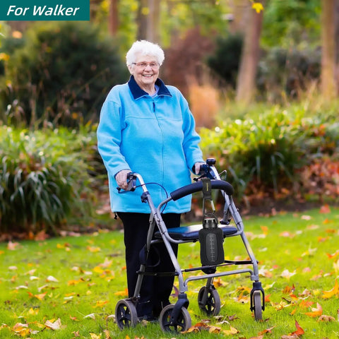 Senior woman using walker with 2 Pack Universal Stroller Hooks With Adjustable Carabiner Clips For Diaper Bags And More