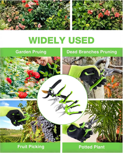 4 Pack Titanium Bypass Pruning Shears With Ergonomic Grips And Stainless Blades, Gardening Tool Kit With Gloves and examples of usage in garden tasks