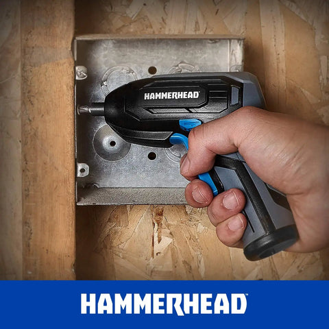 Hand using Lightweight 4V Cordless Screwdriver With 9 Bit Set Micro USB Charging Ergonomic Rubber Grip for wood panel
