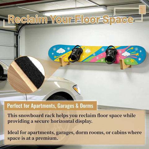 Universal Skateboard And Snowboard Wall Mount Bamboo Rack For Horizontal Storage Indoor And Outdoor, snowboard displayed in garage.
