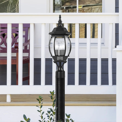 Three Light Outdoor Post Lantern In Textured Black With Clear Beveled Glass Panels, 21 Inch Tall, 7.38 Inch Wide