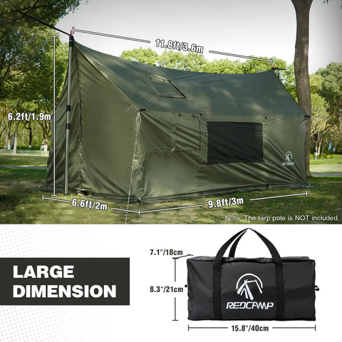 Large Hammock Hot Tent With Stove Jack Waterproof And Windproof Winter Wall Tent With Snow Skirt, dimensions shown, in park.