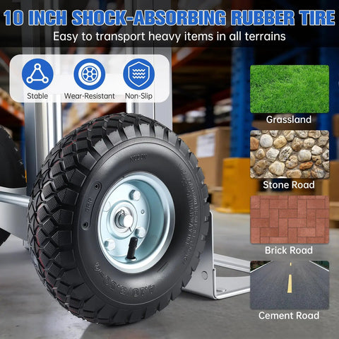 10 inch pneumatic tire of Heavy Duty Aluminum Hand Truck Dolly Cart With Ten Inch Pneumatic Tires Extendable Frame Delivers 600 Pound Capacity