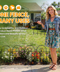 Woman holding 40 Ft No Dig Garden Fence Panels Pack Of 28 for Yard Animal Barrier Arch Decorative Fence
