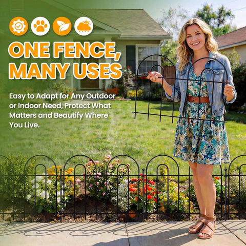 Woman holding 40 Ft No Dig Garden Fence Panels Pack Of 28 for Yard Animal Barrier Arch Decorative Fence