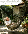 Man relaxing in olive green Breathable Mesh Hammock With Nylon Net For Easy Setup Rope Style Hang Loose Outdoors 98 X 31.5 Inches