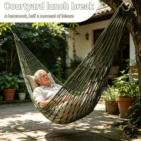 Man relaxing in olive green Breathable Mesh Hammock With Nylon Net For Easy Setup Rope Style Hang Loose Outdoors 98 X 31.5 Inches