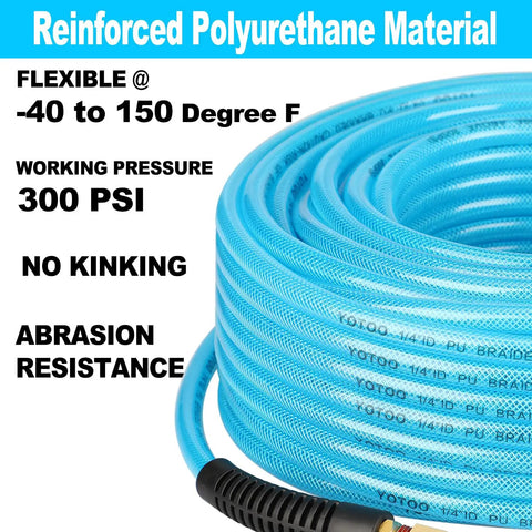 Heavy Duty Reinforced Polyurethane Air Hose 3 8 Inner Diameter 100 Feet Long Flexible Heavy Gauge Tube For Air Compressor Tools With Bend Restrictor 1 4 Swivel Quick Coupler And Plug Kit Badass Garage Shop Tool Item In Blue Color Set coiled with 300 PSI rating